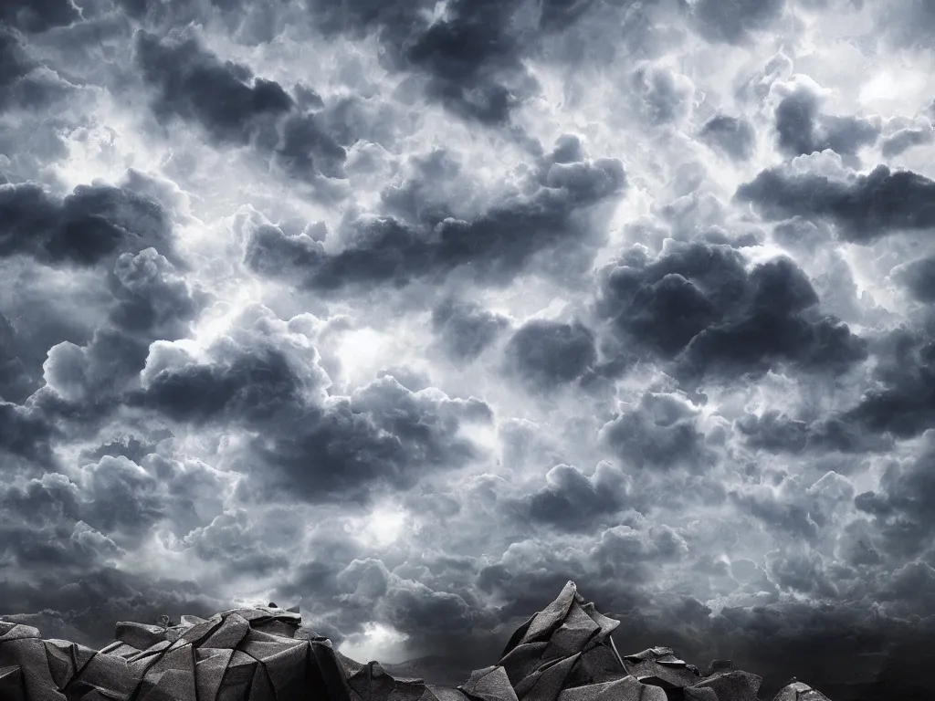 Image similar to photo of a origami rocky hill, in the middle of a storm. realistic origami clouds. impressive, magical, very atmospheric, cinematic, stunning, masterpiece, romantic, trending in artstation, very detailed. 4 k