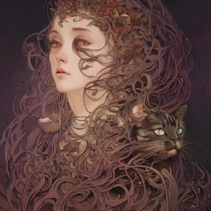 Image similar to A portrait of A cat with many eyes by Ross Tran!!! and alphonse mucha and greg rutkowski! and gustav doré! and Zdzisław Beksiński!,In style of digital art illustration.Symmetry.Highly detailed face.Fantasy,smooth,hyper detailed,sharp focus,Soft light.trending on artstation.4k