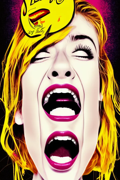 Image similar to girl screamin yolo - aesthetic, remove duplicated anatomy, 4 k, illustration, comical, acrylic paint style, pencil style, torn cosmo magazine style, pop art style, ultrarealism, by mike swiderek, jorge lacera, ben lo, tyler west