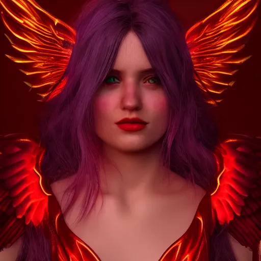 Image similar to woman - unicorn horn hybrid red angel - wings, stunning, realistic, fiery scenery, symmetric portrait, sparky metallic, unreal engine 5, cinematic lights, high detail, fantasy digital art, trending in artstation
