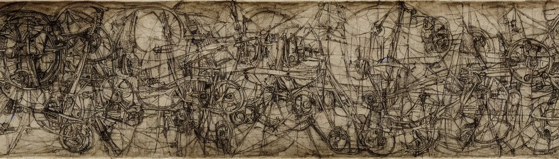 Prompt: a leonardo davinci sketch of an infinite creativity machine, mural, panorama, extremely detailed