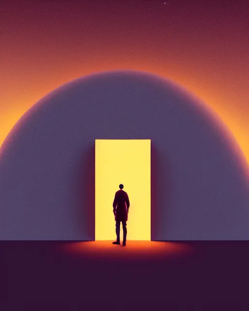 Image similar to a person standing in front of a glowy open door that's on a barren moon, poster art by mike winkelmann, trending on cg society, space art, sci - fi, ue 5, futuristic, volumetric lighting, light casting onto the ground, neat composition and camera angle