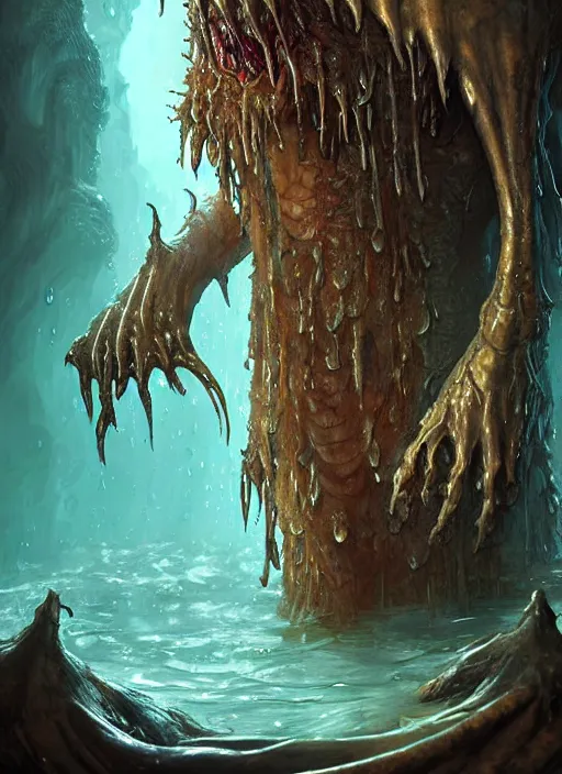 Image similar to digital painting of a wet smily undead drowned monster, with translucent and weiny skin, long freaky finger, by filipe pagliuso and justin gerard, fantasy, highly detailed, realistic, intricate, glowing eyes