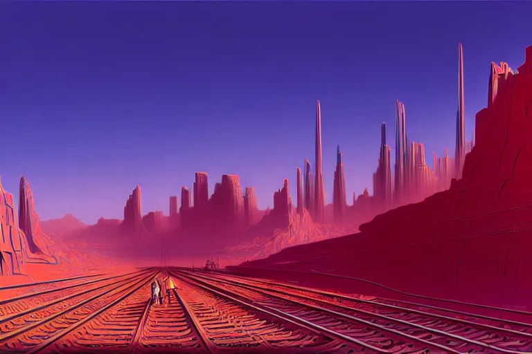 Prompt: a city on huge train tracks traveling through the desert, futuristic, fantasy, intricate, elegant, dramatic lighting, highly detailed, lifelike, photorealistic, artstation, concept art, smooth, sharp focus, illustration, art by syd mead and beksinski and john blanche and paul dainton