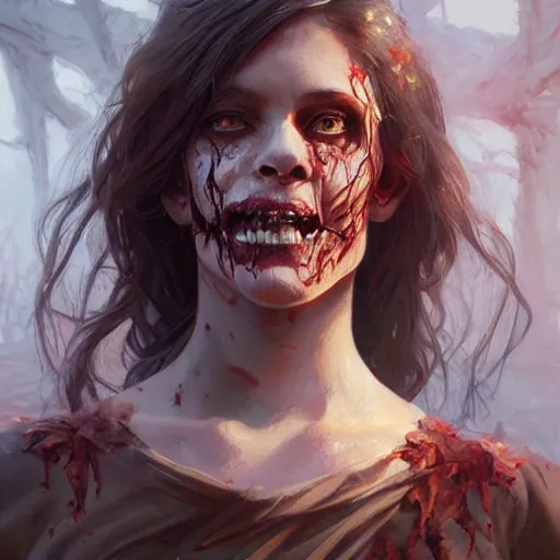 Image similar to beautiful zombie, oil painted character portrait, highly detailed, digital painting, artstation, concept art, sharp focus, illustration, art by artgerm and greg rutkowski and alphonse mucha