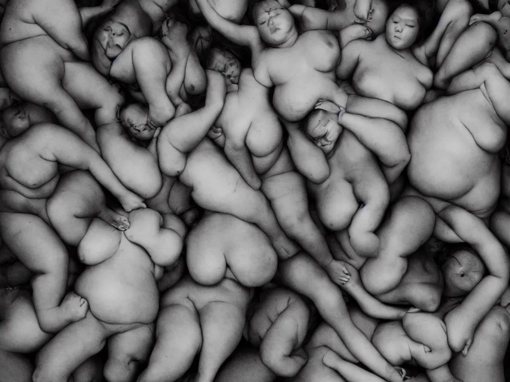 Image similar to a group of fat human bodies intertwined, dense fog, in the style of nobuyoshi araki and klimt,