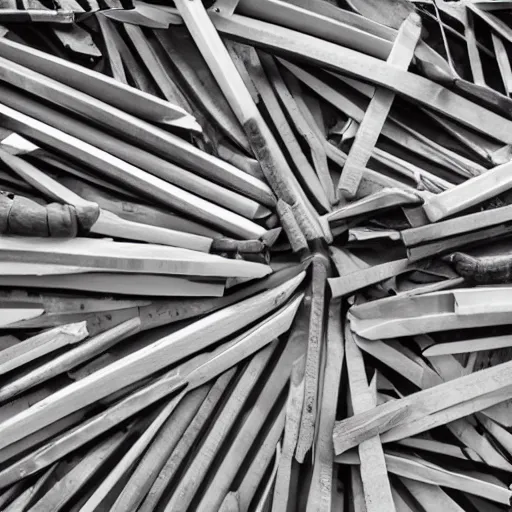 Prompt: a peace sign made of stacked machetes, photography, highly detailed, high quality, 8 k, soft lighting,