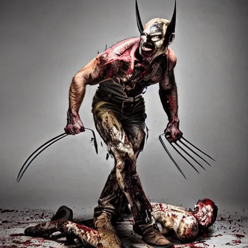 Prompt: wolverine, zombie, butcher, full body shot by yousuf karsh, golden hour, realistic, body shot, sharp focus, 8 k high definition, insanely detailed, intricate, elegant