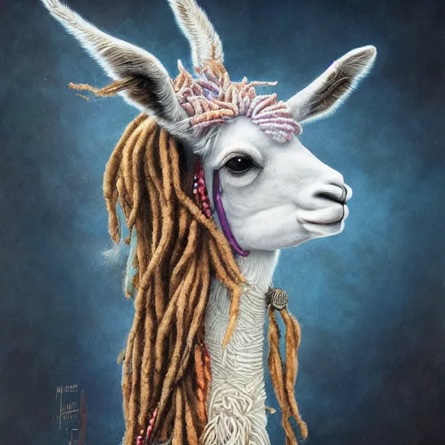 Image similar to llama with dreadlocks, by mandy jurgens, ernst haeckel, artgerm, james jean