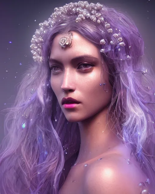 Image similar to beauteous sumptuous dark empress with incredible iridescent pearlescent voluminous hair, photorealistic crystalline masterpiece incrustations, hyperdetailed face, elegant pose, movie still, cinematic forest lighting, intricate accuracy, octane render, cgsociety, artgerm, unreal engine, crepuscular rays, god rays