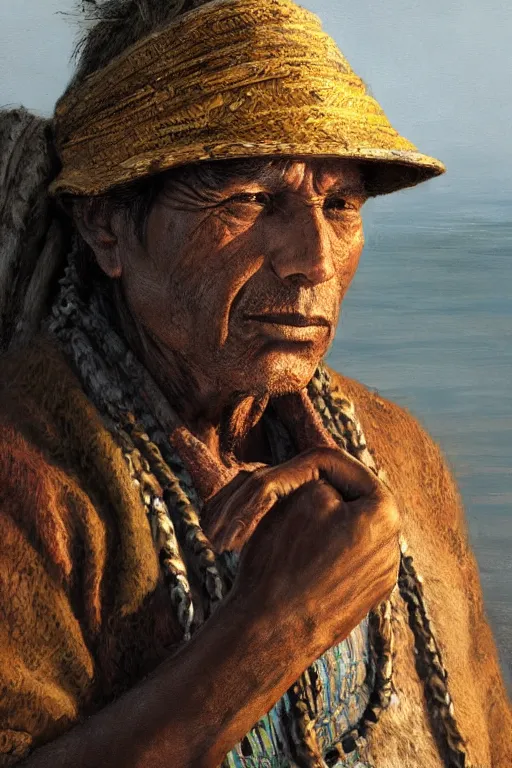 Image similar to aztec fisherman, close - up portrait, poor, intricate, elegant, volumetric lighting, scenery, digital painting, highly detailed, artstation, sharp focus, illustration, concept art, ruan jia, steve mccurry