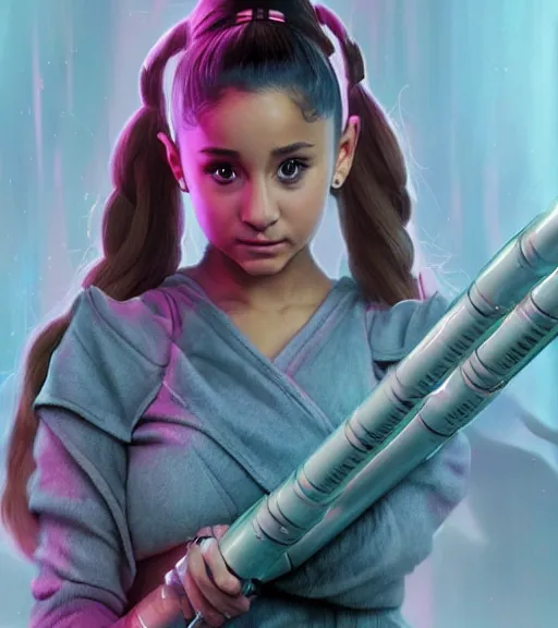 Image similar to A hyper realistic photo of Ariana Grande in the Star Wars universe with two pink lightsabers held in each hand. Maximum detail on artstation, photo realism, vivd details, vivd colour