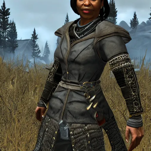 Prompt: Condoleezza Rice in Skyrim as a dictator, game screenshot