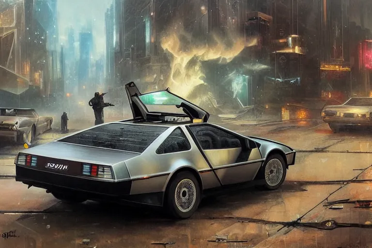 Image similar to photograph of the delorean, with a sleek spoiler, driving down the streets of a cyberpunk abandoned city, by greg rutkowski, by stanley artgerm, by alphonse mucha