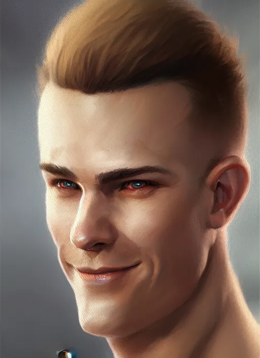 Image similar to a _ fantasy _ style _ portrait _ painting _ of white male short fringe light brown hair short head smiling clean shaven round face rpg dnd oil _ painting _ unreal _ 5 _ daz. _ rpg _ portrait _ extremely _ detailed _ artgerm _ greg _ rutkowski _ greg