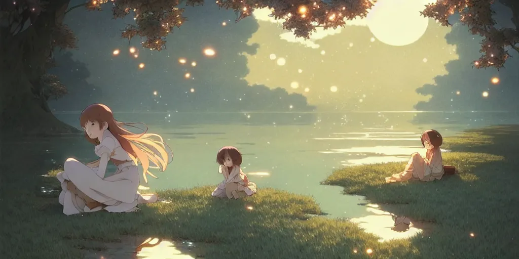 Image similar to the girl and the flying lanters. anime visual of a cozy village, by the lake at night, fireflies,. by hayao miyazaki and rossdraws and artgerm and greg rutkowski and alphonse mucha. anime production by studio ghibli. high quality, stunning, intricate detailed environment. 8 k