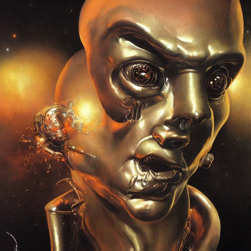 Prompt: a neoclassicist close - up portrait of an interdimensional entity with hyperrealist features of iridescent reflective alien technology. foggy black background. highly detailed science fiction painting by norman rockwell, frank frazetta, syd mead and moebius. rich colors, high contrast, gloomy atmosphere, dark background. trending on artstation.