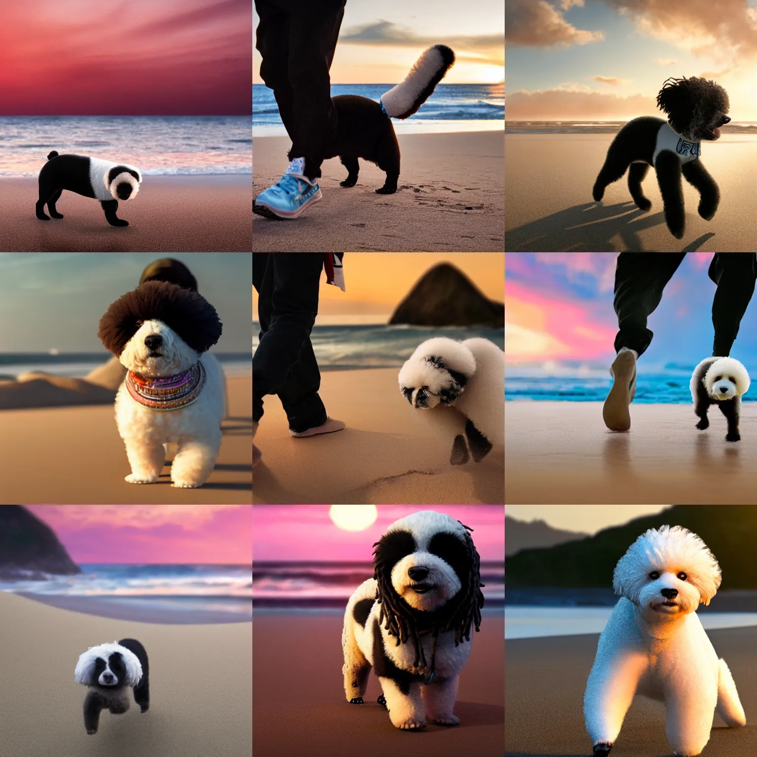 Prompt: a closeup photorealistic photograph of Snoop Dogg walking a panda themed bichon frise at the beach during sunset This 4K HD image is Trending on Artstation, featured on Behance, well-rendered, extra crisp, features intricate detail and the style of Unreal Engine.