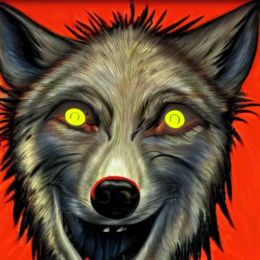 Image similar to realistic portrait of retarded wolf, eyes in different directions, vivid colors, propaganda style, it looks sick, very ugly face, missing teeth