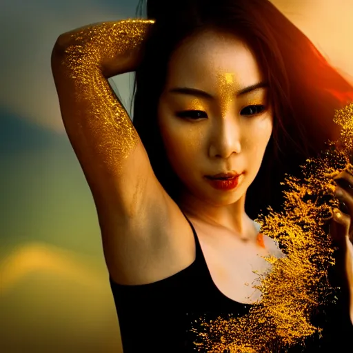 Prompt: asian girl, liquid golden and black fluid, magic hour, dramatic light, liquid painting, golden bodypaint, world best photography, indian patterns, bokeh, golden jewelry filigree