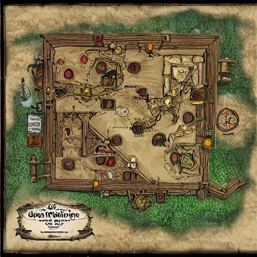 Prompt: tavern interior dungeons and dragons map, detailed, gridless