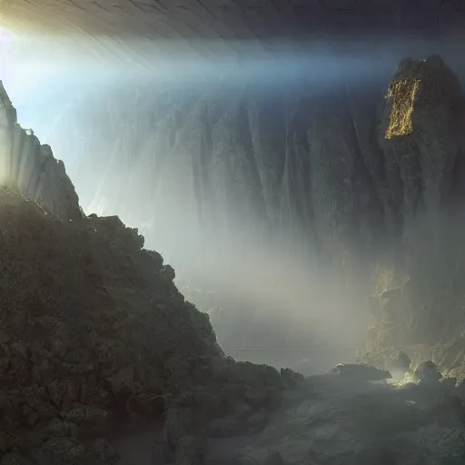 Image similar to tectonic organic mystical megastructure crystal architectures, by albert bierstadt, by glen small, by giovanni battista piranesi, photorealistic, god rays, octane render, depth of field, volumetric light, volumetric fog, holy spirit