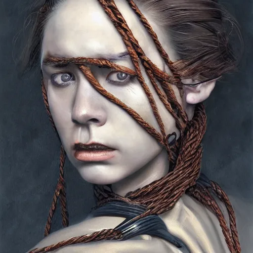 Image similar to portrait of a Shibari rope wrapped face and neck, headshot, insanely nice professional hair style, dramatic hair color, digital painting, of a old 15th century, old cyborg merchant, amber jewels, baroque, ornate clothing, scifi, realistic, hyperdetailed, chiaroscuro, concept art, art by Franz Hals and Jon Foster and Ayami Kojima and Amano and Karol Bak,