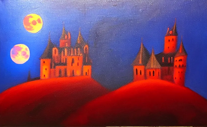 Prompt: red oil painting, full moon, french gothic burning! castle, fog!! clouds!! bats flying away from castle, blur, bokeh,