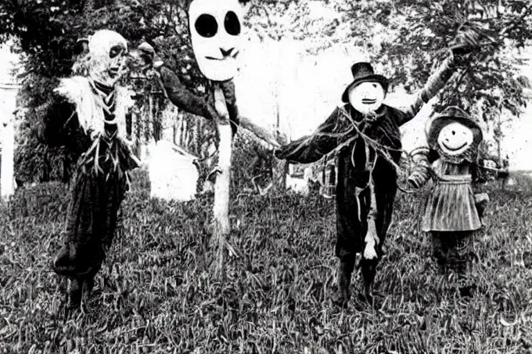 Image similar to disturbing scarecrow from the early 1 9 0 0's leading children into the cornfields