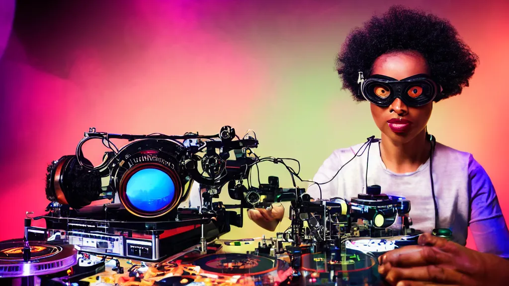 Image similar to a black woman wearing goggles and visor and headphones using an intricate clockwork record player turntable contraption, robot arms, turntablism dj scratching, intricate planetary gears, smoky atmosphere, cinematic, sharp focus, led light strips, bokeh, iridescent, black light, fog machine, hazy, lasers, spotlights, motion blur, color