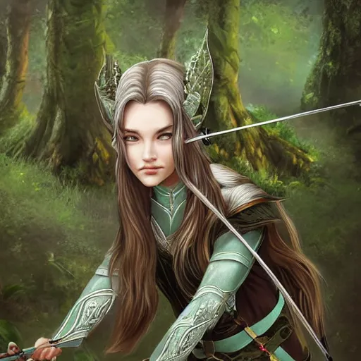 Prompt: a young elven female archer. long silver hair, fair skin like porcelain, beautiful greens eyes. fantasy. digital art. very detailed. anatomically precise. forest background.