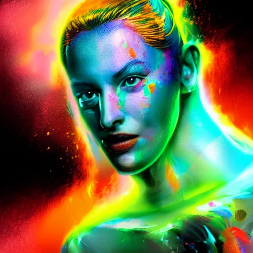 Image similar to improbability, octane render, portrait made of paint, splashes of colors, comic book art