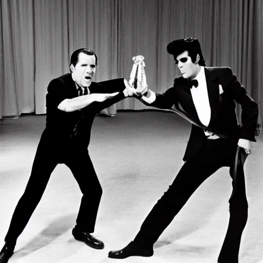 Prompt: an award winning photograph of Richard Nixon and Elvis Presley fighting crime, 70\'s TV show