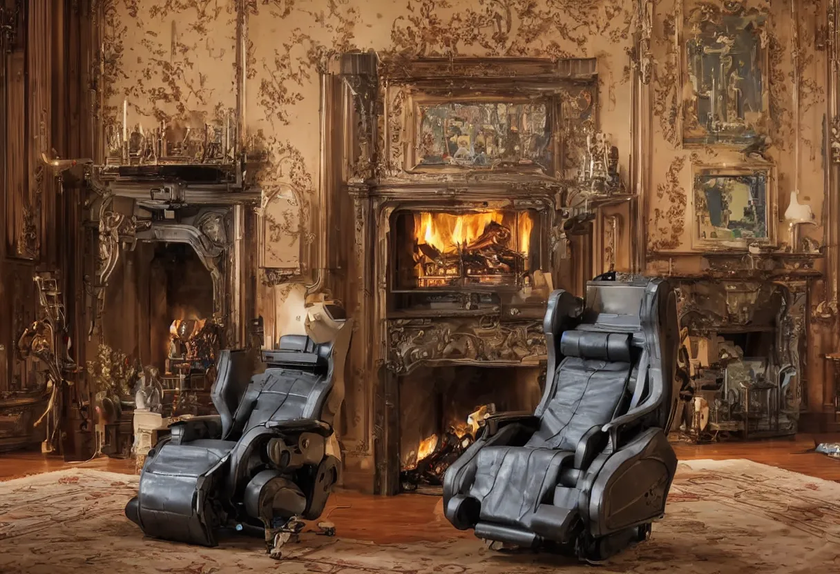 Prompt: Extreme close up photograph of a futuristic robot reclining on a aged recliner in front of a single beautiful fireplace in a traditional Victorian home, by Simon Stalenhag