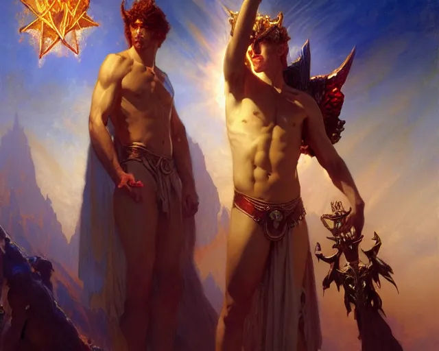 Image similar to attractive male deity, casting demonic magic, summoning handsome lucifer morning star. highly detailed painting by gaston bussiere, craig mullins, j. c. leyendecker 8 k