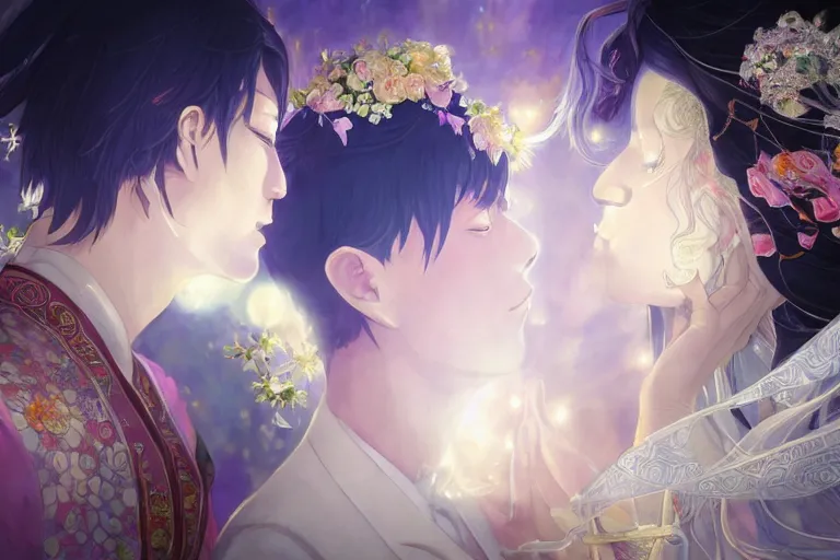 Prompt: a dreamlike portrait of wedding close up moment of a divine a japan sun god and moon goddess lovers magician at a wedding banquet. highly detailed, digital painting, fantasy wedding screen, 8 k realistic, hyper detailed, by makoto shinkai and akihiko yoshida and hidari and wlop