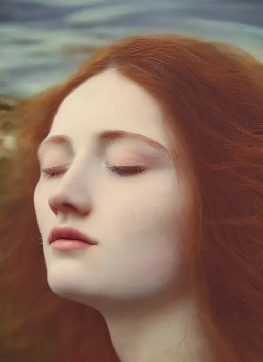 Image similar to Kodak Portra 400, 8K,ARTSTATION, Caroline Gariba, soft light, volumetric lighting, highly detailed, britt marling style 3/4 by Giovanni Gastel , extreme Close-up portrait photography of a beautiful woman how pre-Raphaelites with her eyes closed,inspired by Ophelia by Millais paint, the face emerges from water of Pamukkale, underwater face, hair are intricate with highly detailed realistic beautiful brunches and flowers like crown, Realistic, Refined, Highly Detailed, soft blur background, outdoor soft pastel lighting colors scheme, outdoor fine art photography, Hyper realistic, photo realistic