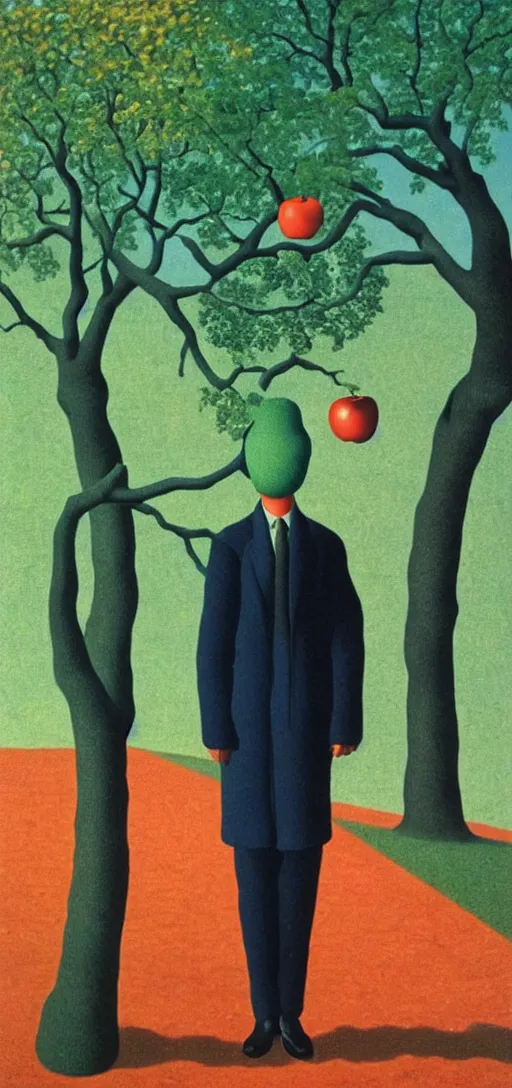 Prompt: Philosopher with apple head walking in the park on an Autumn day by Rene Magritte. Leaves falling. Shadows. Teal color scheme. Powerful sunset.