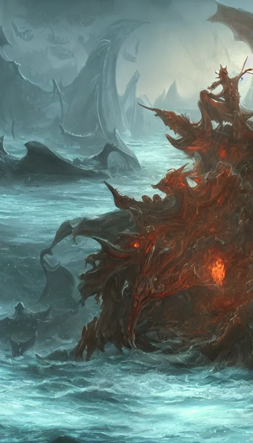 Image similar to man on boat crossing a body of water in hell with creatures in the water, sea of souls, by blizzard concept artists