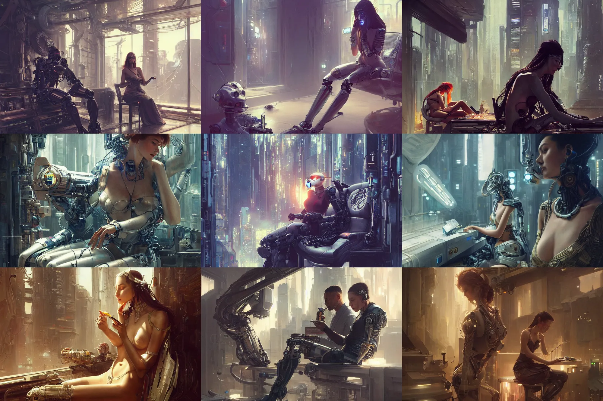 Prompt: Ultra realistic illustration, robot sitting smoking and many beautiful women around him., cyberpunk, sci-fi, fantasy, intricate, elegant, highly detailed, digital painting, artstation, concept art, smooth, sharp focus, illustration, art by artgerm and greg rutkowski and alphonse mucha