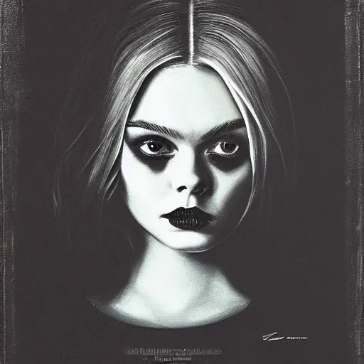 Prompt: a striking esoteric painting of Elle Fanning , dark, metal, black background, occult, by Edward Hughes