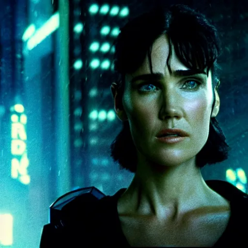 Image similar to jennifer connelly starring in a cyberpunk movie in a distopic futuristic city in the style of bladerunner, movie still, highly detailed, rainy night, volumetric lights, dramatic, scifi, sharp focus, medium shot