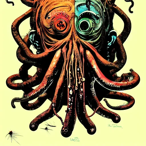 Image similar to graphic illustration, creative design, cthulhu, biopunk, by ralph steadman, francis bacon, hunter s thompson, highly detailed, mixed media