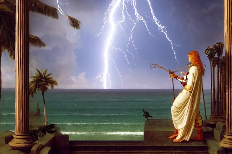 Prompt: Knight on front of balustrade and palace columns, refracted lightnings on the ocean, thunderstorm, tarot cards characters, beach and Tropical vegetation on the background major arcana sky and occult symbols, by paul delaroche, hyperrealistic 4k uhd, award-winning, very detailed paradise