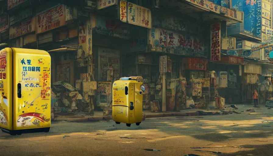 Image similar to incredible wide screenshot, ultrawide, simple watercolor, rough paper texture, anime movie scene, backlit distant shot of robot cowboy running away from the troubles of life, side view, yellow parasol in deserted dusty shinjuku junk town, broken vending machines