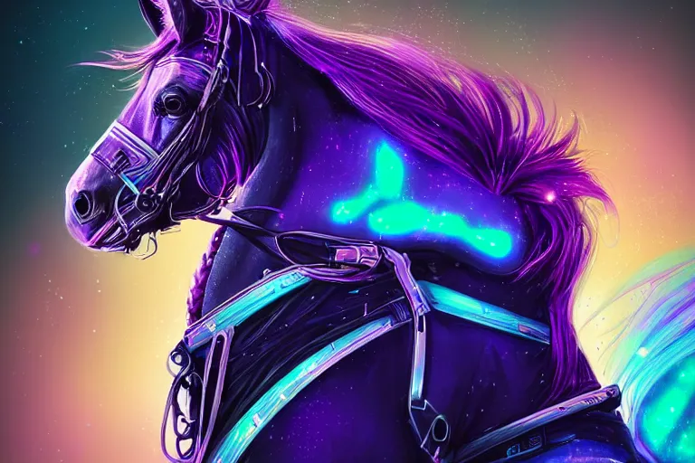 Image similar to a beautiful portrait of a cute cyberpunk horse with bioluminescent mane by sandra chevrier and greg rutkowski and wlop, purple blue color scheme, vaporware, retro, outrun, high key lighting, volumetric light, digital art, highly detailed, fine detail, intricate, ornate, complex, octane render, unreal engine, photorealistic