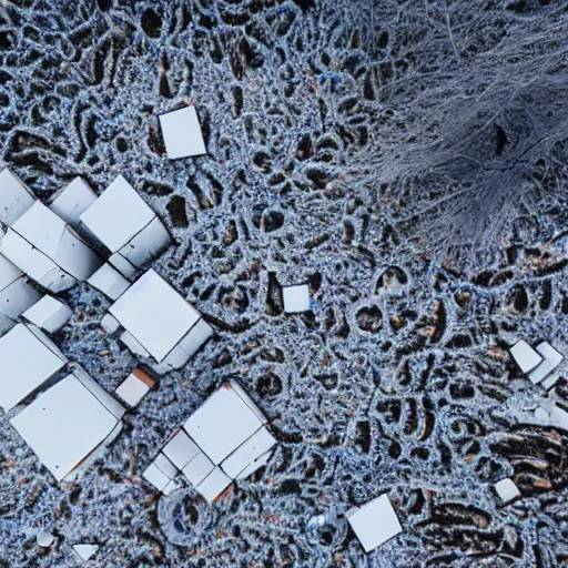 Image similar to sattelite image of post pocaliptic snow from 250 meters height, old lumber mill remains, few crates with wood and supply, beautiful icy area