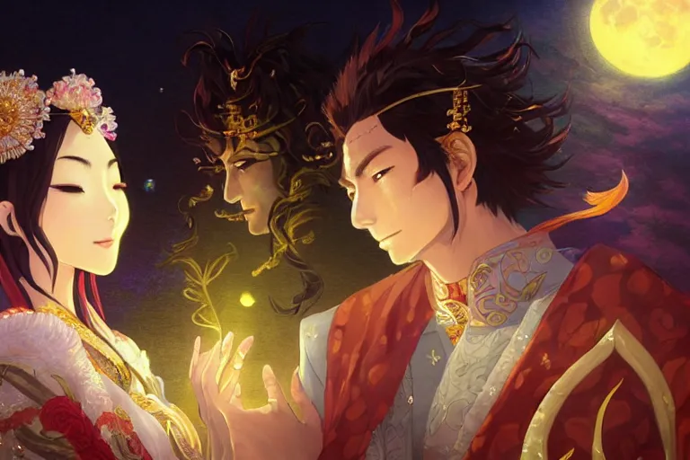 Image similar to close up moment of a divine a japan sun god and a moon goddess lovers magician at a wedding banquet, highly detailed, d & d, fantasy, 4 k realistic, digital painting, trending on artstation, concept art, sharp focus, illustration, art by makoto shinkai and akihiko yoshida and daniel gerhartz