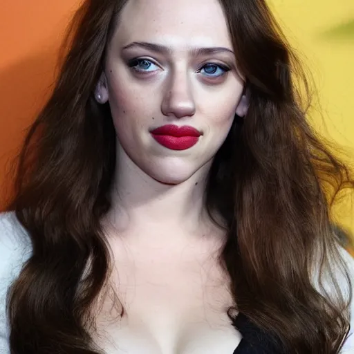 Image similar to a woman who is a genetic combination of kat dennings and scarlett johansson face and upper - body focus