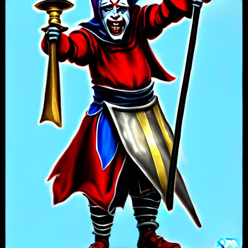 Image similar to of a realistic illustration dumb jester fool crusader knight that is the anti - communism crusader character, full plate, totally mad and yelling, shouting using a megaphone, artstation digital art,,